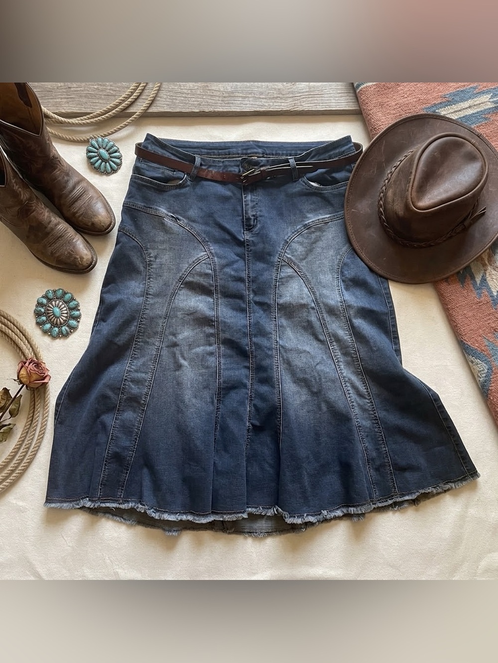 Esteez Denim Midi Skirt Belted Paneled Fit Flare Raw Hem Blue Jean Modest Sz 16